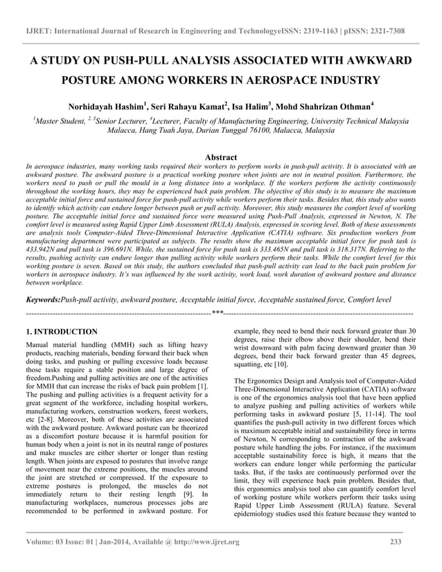 A study on push pull analysis associated with awkward posture among