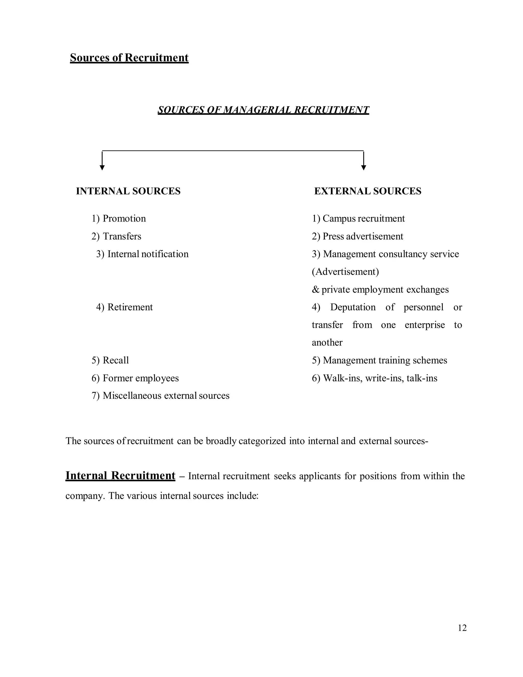 12
Sources of Recruitment
SOURCES OF MANAGERIAL RECRUITMENT
INTERNAL SOURCES EXTERNAL SOURCES
1) Promotion 1) Campus recruitment
2) Transfers 2) Press advertisement
3) Internal notification 3) Management consultancy service
(Advertisement)
& private employment exchanges
4) Retirement 4) Deputation of personnel or
transfer from one enterprise to
another
5) Recall 5) Management training schemes
6) Former employees 6) Walk-ins, write-ins, talk-ins
7) Miscellaneous external sources
The sources of recruitment can be broadly categorized into internal and external sources-
Internal Recruitment – Internal recruitment seeks applicants for positions from within the
company. The various internal sources include
 
