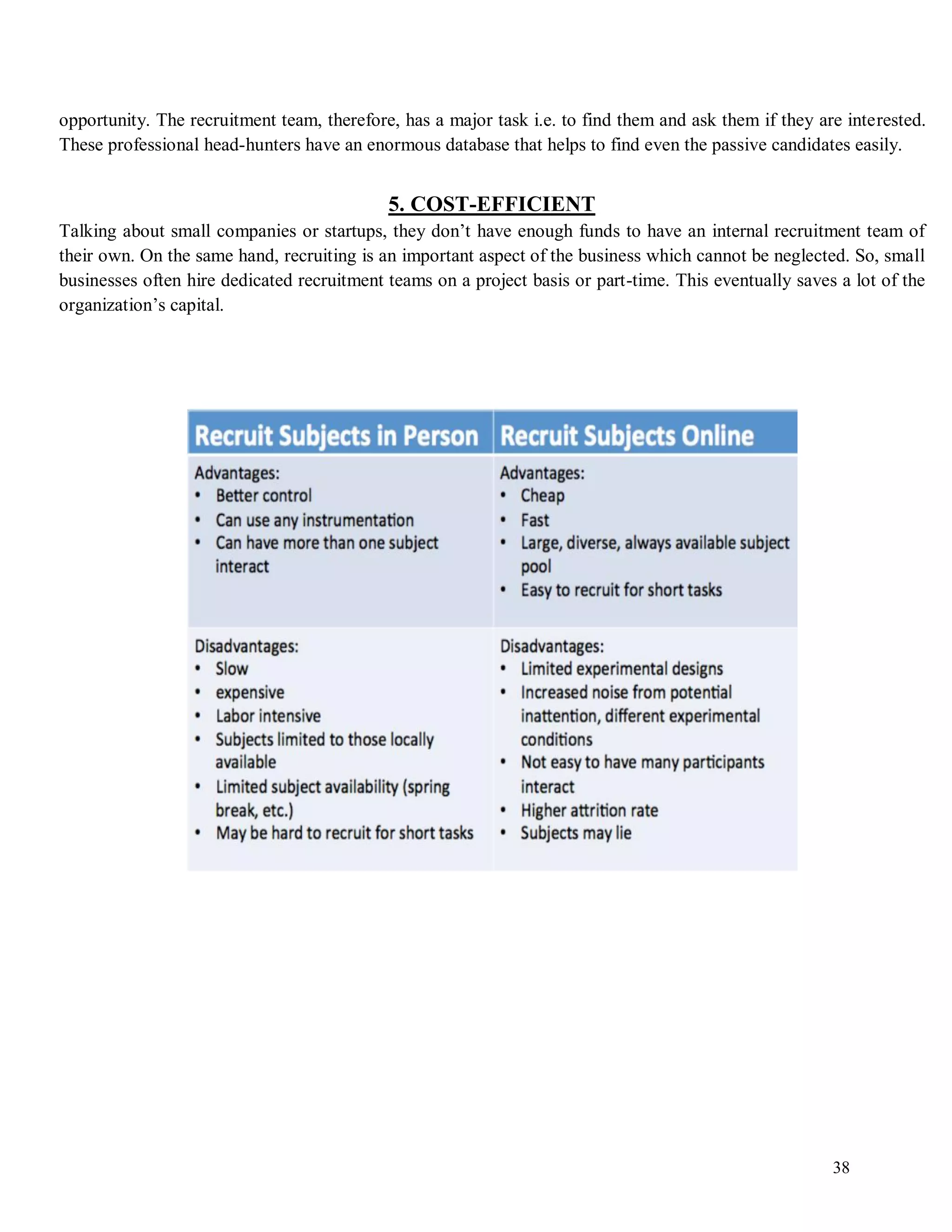 38
opportunity. The recruitment team, therefore, has a major task i.e. to find them and ask them if they are interested.
These professional head-hunters have an enormous database that helps to find even the passive candidates easily.
5. COST-EFFICIENT
Talking about small companies or startups, they don’t have enough funds to have an internal recruitment team of
their own. On the same hand, recruiting is an important aspect of the business which cannot be neglected. So, small
businesses often hire dedicated recruitment teams on a project basis or part-time. This eventually saves a lot of the
organization’s capital.
 