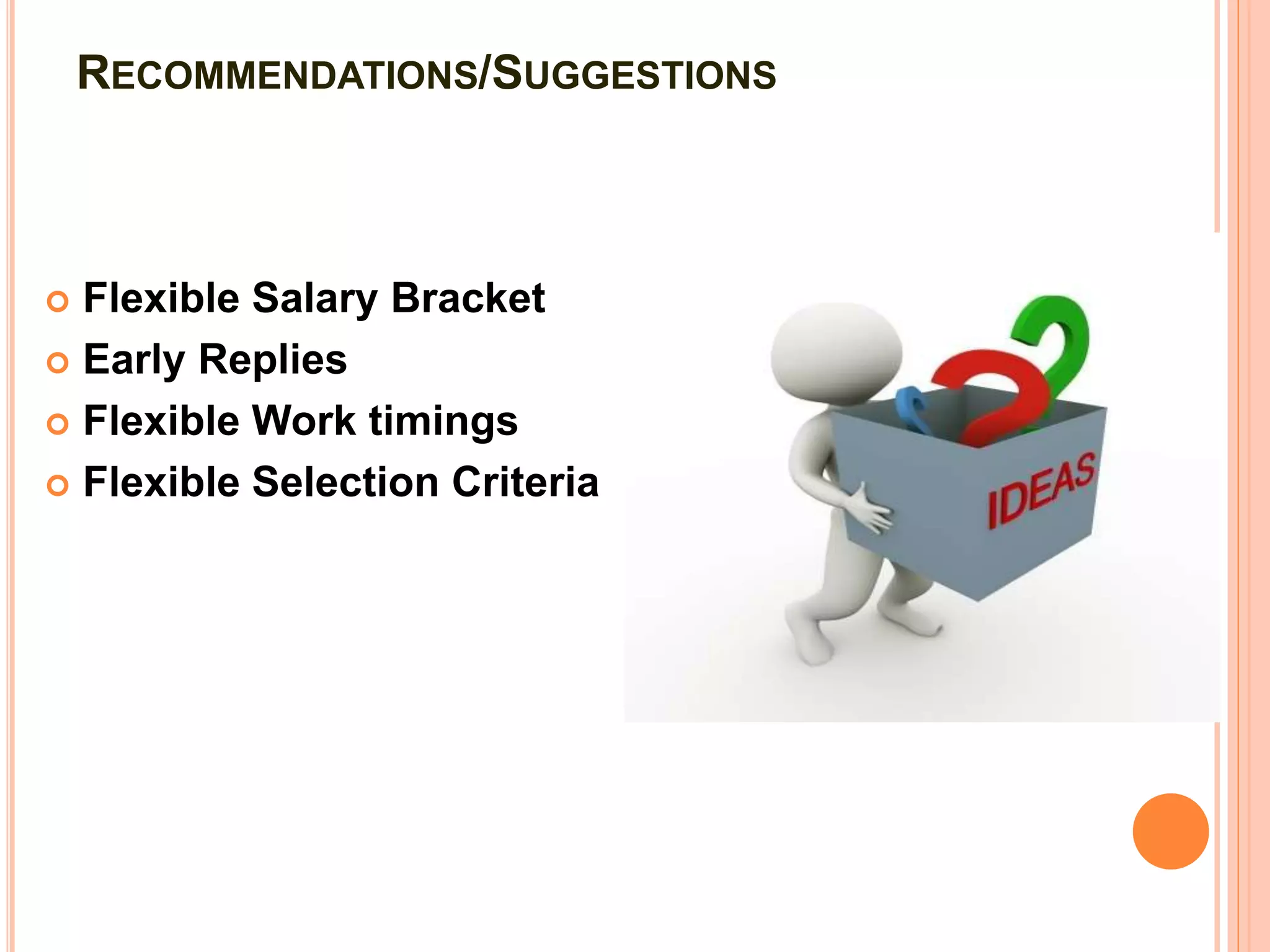 RECOMMENDATIONS/SUGGESTIONS
 Flexible Salary Bracket
 Early Replies
 Flexible Work timings
 Flexible Selection Criteria
 