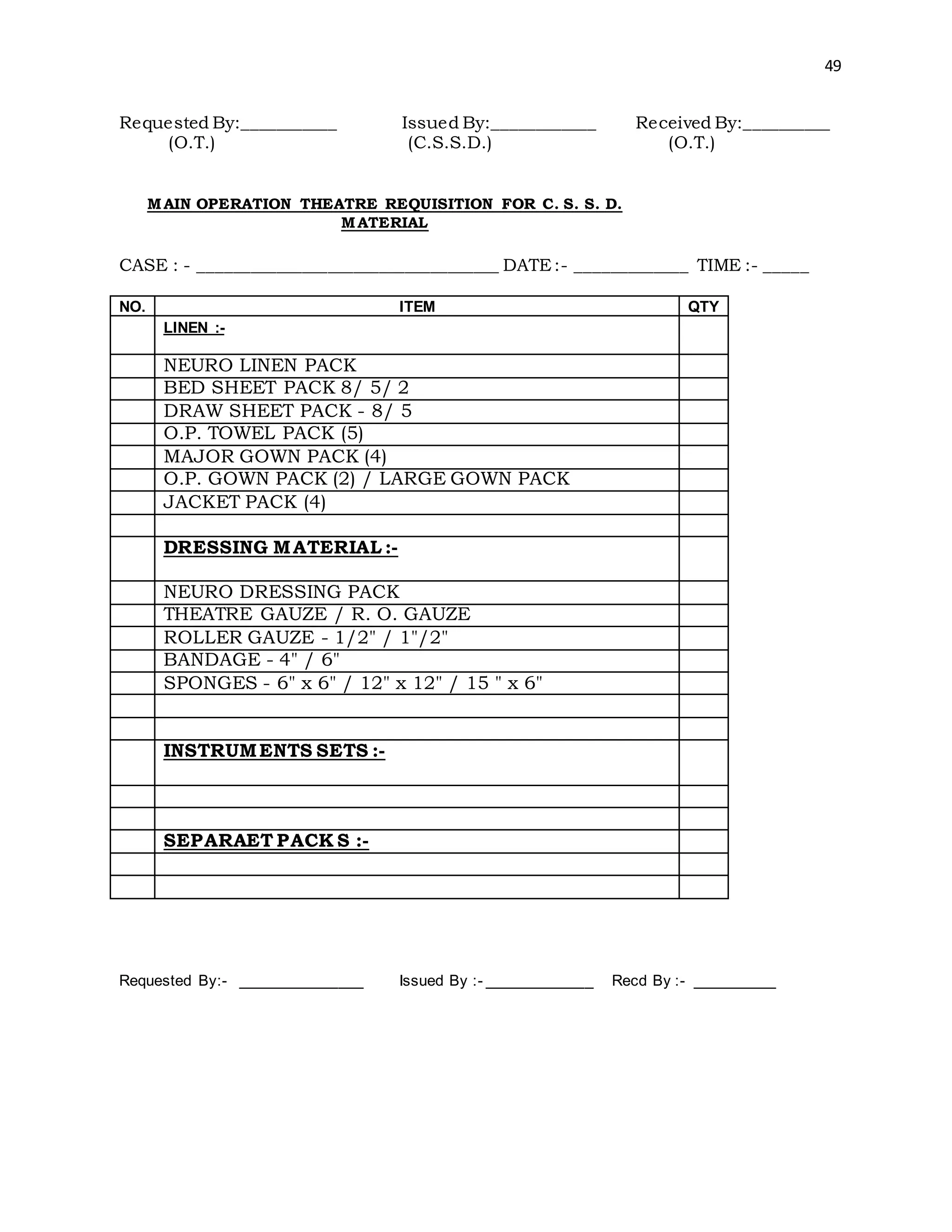 49
Requested By:___________ Issued By:____________ Received By:__________
(O.T.) (C.S.S.D.) (O.T.)
MAIN OPERATION THEATRE REQUISITION FOR C. S. S. D.
MATERIAL
CASE : - ___________________________________ DATE:- _____________ TIME :- _____
NO. ITEM QTY
LINEN :-
NEURO LINEN PACK
BED SHEET PACK 8/ 5/ 2
DRAW SHEET PACK - 8/ 5
O.P. TOWEL PACK (5)
MAJOR GOWN PACK (4)
O.P. GOWN PACK (2) / LARGE GOWN PACK
JACKET PACK (4)
DRESSING MATERIAL :-
NEURO DRESSING PACK
THEATRE GAUZE / R. O. GAUZE
ROLLER GAUZE - 1/2" / 1"/2"
BANDAGE - 4" / 6"
SPONGES - 6" x 6" / 12" x 12" / 15 " x 6"
INSTRUMENTS SETS :-
SEPARAET PACK S :-
Requested By:- _______________ Issued By :- _____________ Recd By :- __________
 