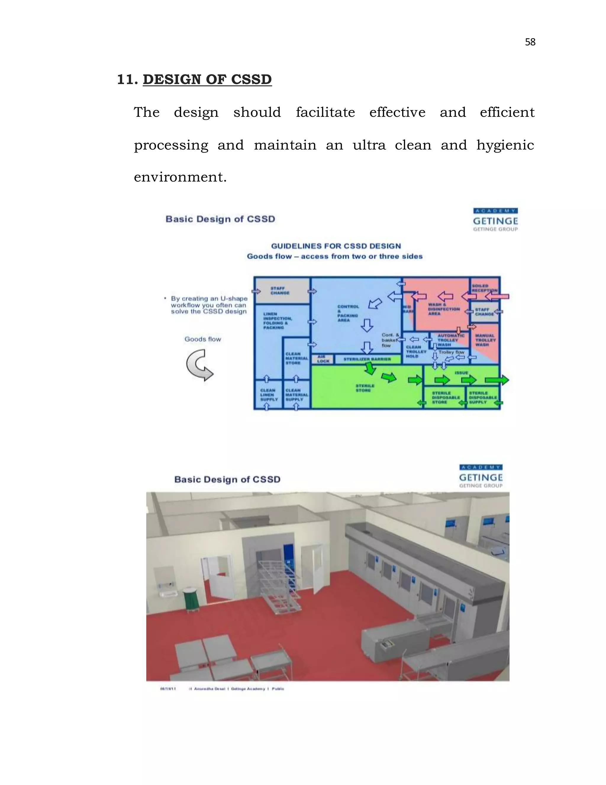 58
11. DESIGN OF CSSD
The design should facilitate effective and efficient
processing and maintain an ultra clean and hygienic
environment.
 