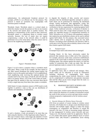 authentication. An authenticated broadcast protocol for
example, μTESLA is an efficient one for this purpose. This
protocol is based on symmetric key cryptography with
minimum packet overheads.
Wormhole Attack: Wormhole attack is a critical attack in
which the attacker records the packets (or bits) at one location
in the network and tunnels those to another location. The
tunneling or retransmitting of bits could be done selectively.
Wormhole attack is a significant threat to wireless sensor
networks, because; this sort of attack does not require
compromising a sensor in the network rather, it could be
performed even at the initial phase when the sensors start to
discover the neighboring information.
(a) (b)
Figure 5: Wormhole Attack
Figure 5 (a & b) shows a situation where a wormhole attack
takes place. When a node B (for example, the base station or
any other sensor) broadcasts the routing request packet, the
attacker receives this packet and replays it in its neighborhood.
Each neighboring node receiving this replayed packet will
consider itself to be in the range of Node B, and will mark this
node as its parent. Hence, even if the victim nodes are multi -
hop apart from B, attacker in this case convinces them that B
is only a single hop away from them, thus creates a wormhole.
Sybil Attack: In many situations sensors in WSN need to work
together to perform a task so they can use distribution of
subtasks and redundancy of information.
Figure 6: Sybil Attack
In such a situation, a node can pretend to be more than one
node using the identities of other legitimate nodes (Figure 6).
This type of attack where a node forges the identities of more
than one node is the Sybil attack [21], [22]. Sybil attack tries
to degrade the integrity of data, security and resource
utilization that the distributed algorithm attempts to achieve.
Sybil attack can be performed for attacking the distributed
storage, routing mechanism, data aggregation, voting, fair
resource allocation and misbehavior detection [22]. Identity
verification is the key requirement for countering against Sybil
attack. Unlike traditional networks, verification of identity in
WSN cannot be done with a single shared symmetric key and
public key algorithm because of computational limitation of
WSN. Newsome et al. in [15] shows with quantitative analysis
that random key pre distribution scheme can be used to defend
against Sybil attack. For this purpose, they associated sensor
node’s identity with its assigned key using one way hash
function. According to their mechanism, the network is able to
verify part or all of the keys that an identity claims to have and
thus counters against Sybil attack.
4) Transport Layer
In transport layer end to end connections are managed.
Flooding Attack: At this layer, adversaries exploit the
protocols that maintain state at either end of the connection.
For example, adversary sends many connection establishment
requests to the victim node to exhaust its resources causing the
Flooding attack. One solution against this attack is to limit the
number of connections that a node can make. But, this can
prevent legitimate nodes to connect to the victim node
5) Application Layer
In application layer, data is collected and manages. Here,
sensor nodes can be subverted to reveal its information
including disclosure of cryptographic keys hence
compromising the whole sensor network. Moreover, a node
can be compromised to malfunction and generate inaccurate
data and this effect can be worse enough when the node is a
cluster leader in WSN [23].
V. PROPOSED SECURITY SCHEMES AND
RELATED WORK
In the recent years, wireless sensor network security has been
able to attract the attentions of a number of researchers around
the world. In this section we review and map various security
schemes proposed or implemented so far for wireless sensor
networks.
A. Security Schemes for Wireless Sensor Networks
[24] Gives an analysis of secure routing in wireless sensor
networks. [25] Studies how to design secure distributed sensor
networks with multiple supply voltages to reduce the energy
consumption on computation and therefore to extend the
network’s life time. [3] Aims at increasing energy efficiency
for key management in wireless sensor networks and uses.
Younis et.al. [32] Network model for its application. Wood et
al. [27] studies DoS attacks against different layers of sensor
protocol stack. [40] Presents a probabilistic secret sharing
Pooja Kumari et al. / (IJCSIT) International Journal of Computer Science and Information Technologies, Vol. 1 (5) , 2010, 347-354
351
 