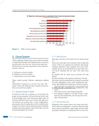 A Study on Security Issues in Cloud based E-Learning
Figure 1. IDC’s survey report.
2. Cloud System 2.1.1 Data Security
Data plays vital role in the cloud services, because many
of
cloud service providers store customers’ data on large data
centers. There is no guarantee for customers’ data during
transition operations. Data corruption may occur, when
multiple devices are synchronized by one user. Data secu-
rity can be classified into two ways. First, data owner
must
be satisfied that the cloud service provider will only
process
the data according to the customer instructions. Second,
data owner must besatisfied that the cloud service provider
has taken appropriate actions, when unauthorized data
access, data modification, destruction of data by intruders.
Cloud providers are instructed to give assurance for
the following data security keyissues.
Cloud computing employs three service delivery models
as listed below through which different types of services
are delivered to the end user. Each service model has
different levels of security requirement in the cloud envi-
ronment. They are,
A. Software as a Service (SaaS)
B. Platform as a Service (PaaS)
C. Infrastructure as a Service (IaaS)
These models provide Software, application platform
and
infrastructure resources as a service to the users. The
Figure 2 shows the different types of attacks involved in
these service delivery models. • Take preventive mechanism for unauthorized data
access
Allow data owners to take backup frequently
Give legitimate authority to the data owners to data
removal, data modification, and moving data to the
other cloud provider
2.1 Security Issues in SaaS
In SaaS, the client has to depend on the provider for
proper security measures. The provider must do the work
to keep multiple users’ from seeing each other’s data. So
it becomes difficult for the user to ensure that right secu-
rity measures are in place and it is also complicated to
get assurance that the application will be available when
needed6
to avoid the risks of maintaining high availability
problems by having multiple copies of the data at several
locations throughout the country.
•
•
2.1.2 Network Security
Enterprises store sensitive data in the cloud server and
SaaS vendor can manipulate it. To protect data from leak-
age of sensitive information, apply tough network traffic
encryption techniques to manage data flow over the net-
758 Vol 8 (8) |April 2015 | www.indjst.org Indian Journal of Science and Technology
 