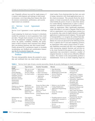 A Study on Security Issues in Cloud based E-Learning
cant. Originally software was used for single-tenancy, if
it requires redevelopment and redesign in multi-tenant
environment, cost of providing these features that allow
for intensive customization, performance, and security
improvement are considered.
cloud vendor. Every cloud providers has their own style
of unique interaction with clients/applications/users on
the cloud environment. This seriously blocks the devel-
opment of cloud ecosystems by forcing vendor locking,
which forbids the power of users to select from alterna-
tive vendor/offering simultaneously in order to achieve
maximum utilization of resources at different levels
within an organization. More significantly, proprietary
cloud APIs makes it very hard to integrate cloud services
with an organization’s own existing legacy systems (e.g.
an on-premise data centre for highly interactive modeling
applications in apharmaceutical company). The main goal
of interoperability is to recognize the unlined fluid data
across clouds and between cloud and local applications21
.
Mainly two issues are discussed in the following section.
First, to optimize the IT asset and computing resources,
an organization often wants to keep in-house IT assets
and capabilities associated with their core competencies
when outsourcing marginal functions and activities on
to the cloud. Second, for the purpose of optimization, an
organization may necessitate to outsource a number of
marginal functions to cloud services offered by different
vendors. The solution to this interoperability problem is
standardization. Even so, as cloud computing begins its
4.3 Service Level Agreement
(SLA)
Service Level Agreement is most significant challenge
in
cloud computing for cloud users, because it is absolutely
needed for consumers to receive guarantees from cloud
providers. Though cloud consumers do not have control
over the fundamental computing resources, they must
ensure the quality, availability, reliability, and perfor-
mance of these resources when consumers have shifted
their core business functions onto their trusted cloud20
.
Finally, advanced SLA mechanisms require to invariably
incorporating user feedback and customization features
into the SLA evaluation framework.
4.4 Cloud Interoperability/Exchange
Problem
The term interoperability denotes the potential to move
data and workloads from one cloud vendor to another
Table1. Service level, type of users, security necessities, threats & security challengesin cloud environment
Service
Level
Type of users Security Necessities Threats Security
Challenges
Software as a
Service
(Zoho planning,
Google, Salesforce,
Enterprise resource
planning, Human
Resource, customer
Relationship
management
applications)
Platform as a Service
(Java Runtime,
Middleware, DB)
Who are in need
of Application
Services offered
by cloud vendors
• Multi-tenant
deployment
• Data Consistency
• Information defense
• Application
protection
• Availability of
Services
•
•
•
•
•
Data Breaching
Data Correctness
Modification of stored data
Session Hijacking
Network traffic
investigation
• Governance and
Corporate Risk
Management
Legal Issues: Contracts
and Electronic findings
Auditing compliance
Information organization
and secure data
Portability and
Exchangeability
conventional protection,
Business Continuity and
Disaster Recovery
Data Center Procedures
Confrontation Response,
Notification and
Remediation
Programming Security
Encryption and Key
Management
Identity and Access
Management
Virtualization
Security as a
Service
•
•
•
•
Application
Developers can
develop their
programs using
PaaS Cloud
Platform Service
Secure the Data in data
transfer, data in idle
Secure Images
Hypervisor based
Security
Virtual Machine based
Security
•
•
•
Defects in set of coding
Coding Modification
Application Programming
Deletion
Imitate the relevant
programs
•
•
•
•
Infrastructure as a
Service
(Network, Storage,
CPU)
User needs to
obtain Physical
(Infrastructure)
resources for their
usage from Cloud
Service.
•
•
Flooding request to server
configuration mismatch in
traffic route
Distributed Denial of
Service
Breaking up the
communication
•
•
• •
• •
•
764 Vol 8 (8) |April 2015 | www.indjst.org Indian Journal of Science and Technology
 