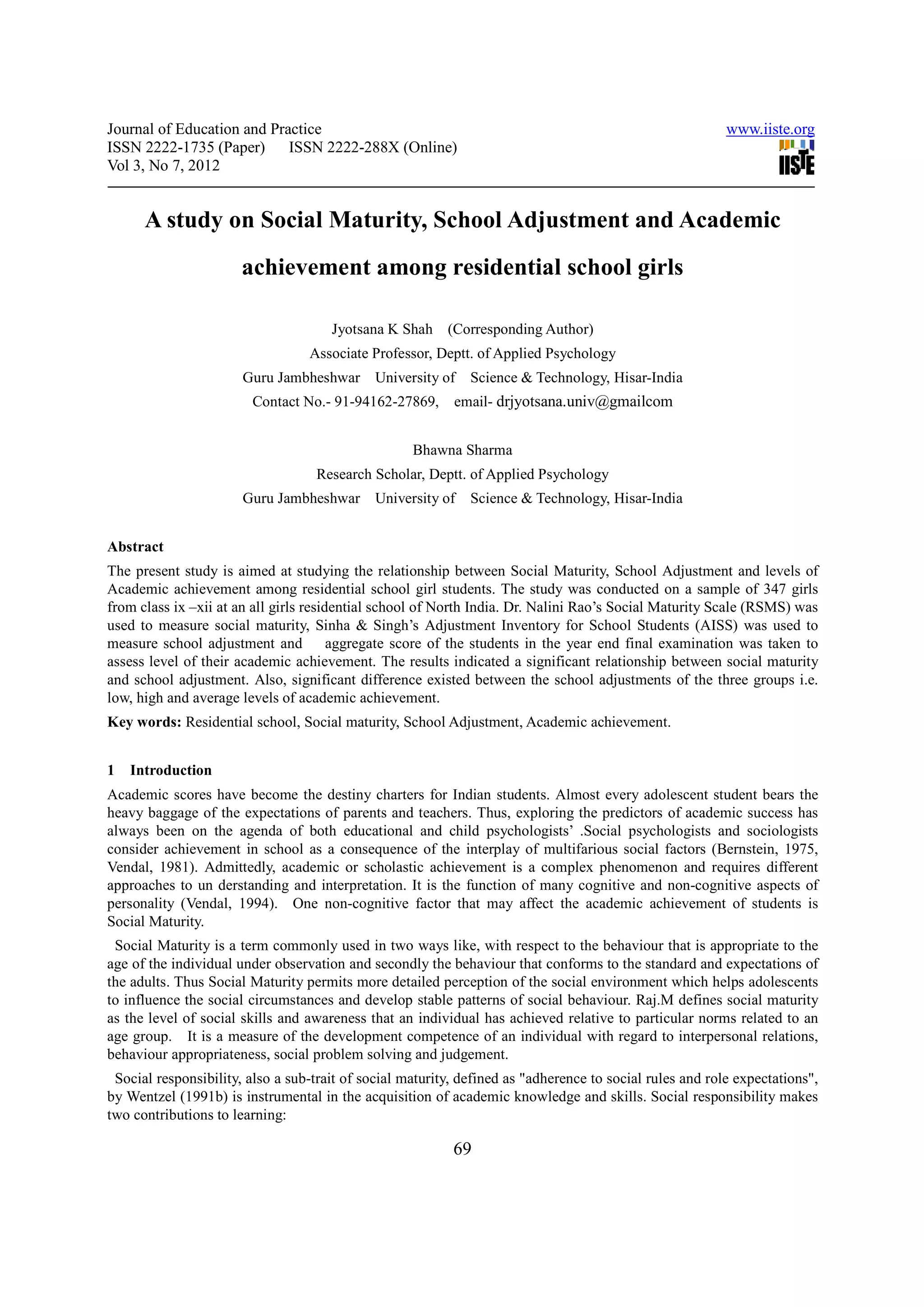 A study on social maturity, school adjustment and academic achievement ...