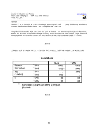 A study on social maturity, school adjustment and academic achievement ...
