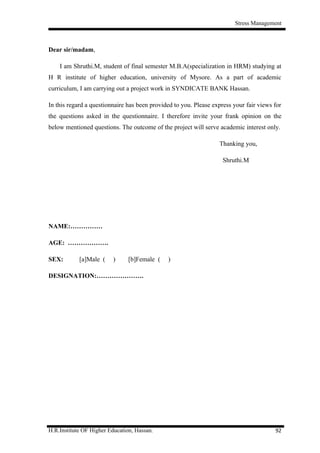 A study on stress management of employees at syndicate bank | DOC