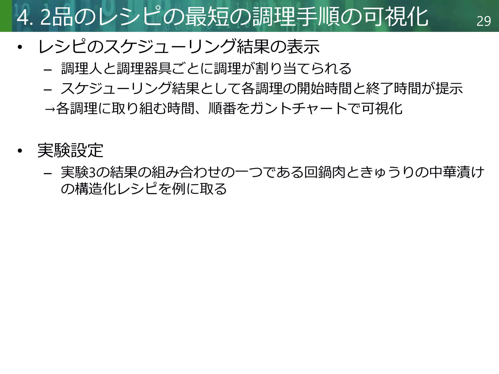 Copyright © 2020 調和系工学研究室 - 北海道大学 大学院情報科学研究院 情報理工学部門 複合情報工学分野 – All rights reserved.
Copyright © 2020 調和系工学研究室 - 北海道大学 大学院情報科学研究院 情報理工学部門 複合情報工学分野 – All rights reserved.
29
4. 2品のレシピの最短の調理手順の可視化
• レシピのスケジューリング結果の表示
– 調理人と調理器具ごとに調理が割り当てられる
– スケジューリング結果として各調理の開始時間と終了時間が提示
→各調理に取り組む時間、順番をガントチャートで可視化
• 実験設定
– 実験3の結果の組み合わせの一つである回鍋肉ときゅうりの中華漬け
の構造化レシピを例に取る
 