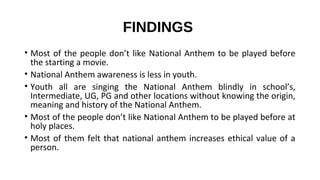 FINDINGS
• Most of the people don’t like National Anthem to be played before
the starting a movie.
• National Anthem awareness is less in youth.
• Youth all are singing the National Anthem blindly in school’s,
Intermediate, UG, PG and other locations without knowing the origin,
meaning and history of the National Anthem.
• Most of the people don’t like National Anthem to be played before at
holy places.
• Most of them felt that national anthem increases ethical value of a
person.
 
