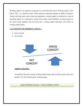 Working capital is an important component of overall financial system. Working capital is also
known „WC‟, is a financial metric which represents operating liquidity available to business.
Along with fixed assets such as plant and equipment, working capital is considered as a part of
operating capital. It is calculated as current assets minus current liabilities. If current assets are
less than current liabilities then the entity has a working capital deficiency, also known as
working capital deficit.
1.3.2 CONCEPT OF WORKING CAPITAL:-
Gross concept
Net concept
GROSS CONCEPT:-
According to the gross concept, working capital means total of all the current assets of a
business. It is also called as gross working capital.
GROSS
CONCEPT
NET
CONCEPT
GROSS WORKING CAPITAL = TOTAL CURRENT ASSETS
 