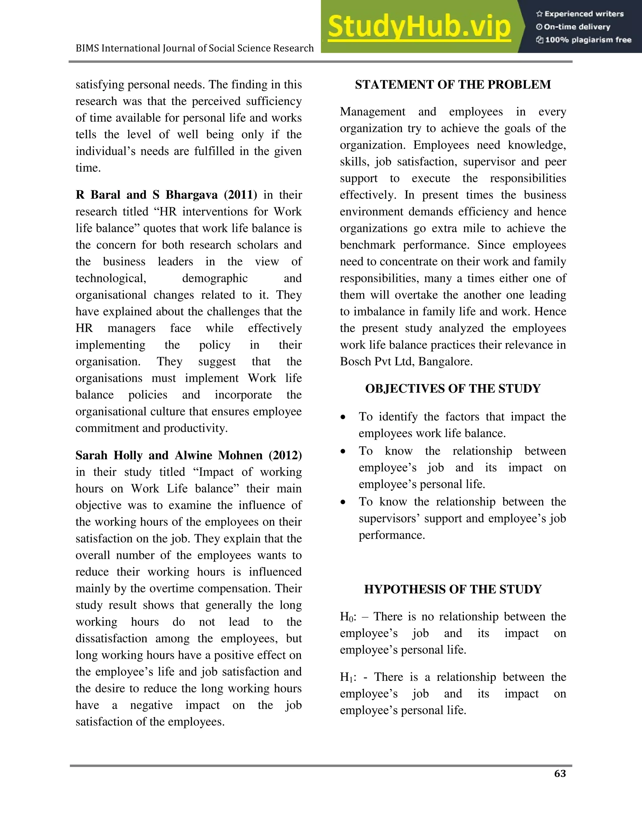 A STUDY ON WORK LIFE BALANCE OF THE EMPLOYEES | PDF