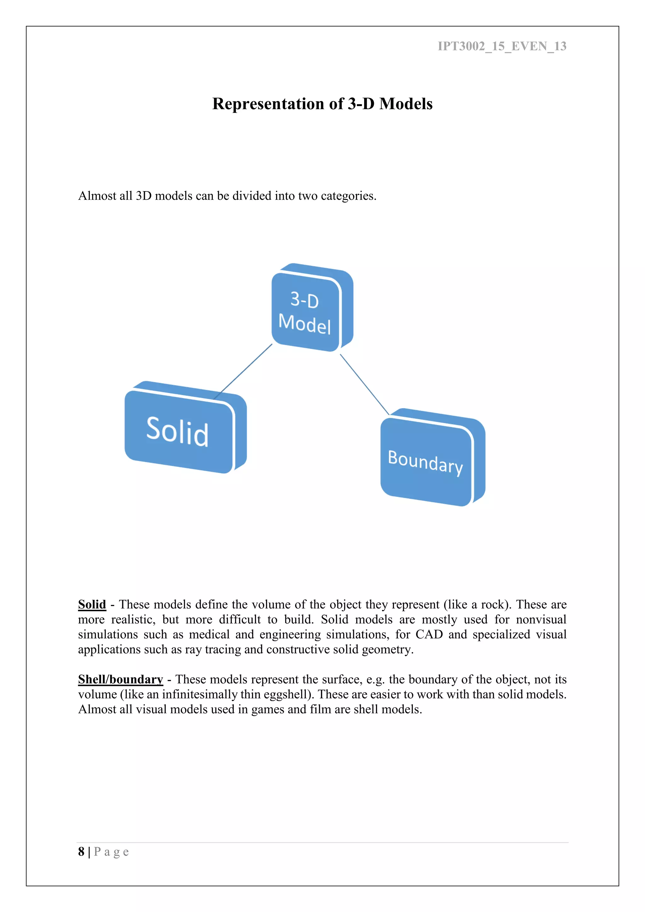 IPT3002_15_EVEN_13
8 | P a g e
Representation of 3-D Models
Almost all 3D models can be divided into two categories.
Solid - These models define the volume of the object they represent (like a rock). These are
more realistic, but more difficult to build. Solid models are mostly used for nonvisual
simulations such as medical and engineering simulations, for CAD and specialized visual
applications such as ray tracing and constructive solid geometry.
Shell/boundary - These models represent the surface, e.g. the boundary of the object, not its
volume (like an infinitesimally thin eggshell). These are easier to work with than solid models.
Almost all visual models used in games and film are shell models.
 