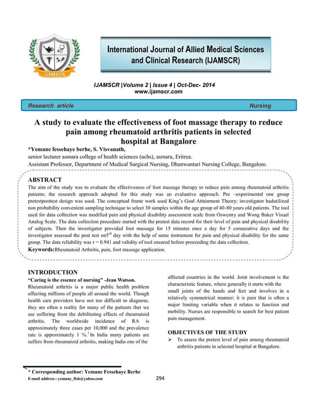 A study to evaluate the effectiveness of foot massage therapy to reduce