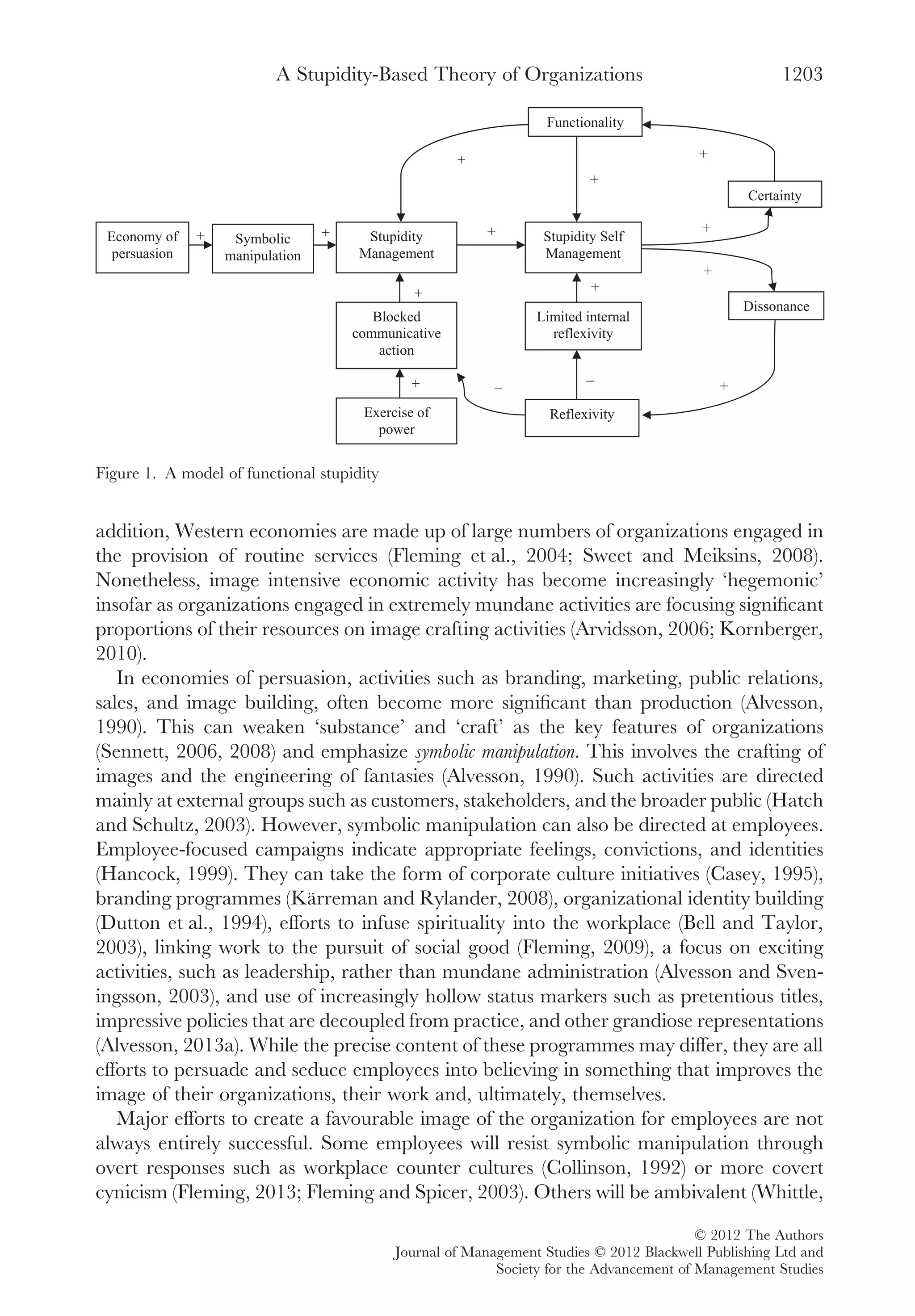 addition, Western economies are made up of large numbers of organizations engaged in
the provision of routine services (Fleming et al., 2004; Sweet and Meiksins, 2008).
Nonetheless, image intensive economic activity has become increasingly ‘hegemonic’
insofar as organizations engaged in extremely mundane activities are focusing signiﬁcant
proportions of their resources on image crafting activities (Arvidsson, 2006; Kornberger,
2010).
In economies of persuasion, activities such as branding, marketing, public relations,
sales, and image building, often become more signiﬁcant than production (Alvesson,
1990). This can weaken ‘substance’ and ‘craft’ as the key features of organizations
(Sennett, 2006, 2008) and emphasize symbolic manipulation. This involves the crafting of
images and the engineering of fantasies (Alvesson, 1990). Such activities are directed
mainly at external groups such as customers, stakeholders, and the broader public (Hatch
and Schultz, 2003). However, symbolic manipulation can also be directed at employees.
Employee-focused campaigns indicate appropriate feelings, convictions, and identities
(Hancock, 1999). They can take the form of corporate culture initiatives (Casey, 1995),
branding programmes (Kärreman and Rylander, 2008), organizational identity building
(Dutton et al., 1994), efforts to infuse spirituality into the workplace (Bell and Taylor,
2003), linking work to the pursuit of social good (Fleming, 2009), a focus on exciting
activities, such as leadership, rather than mundane administration (Alvesson and Sven-
ingsson, 2003), and use of increasingly hollow status markers such as pretentious titles,
impressive policies that are decoupled from practice, and other grandiose representations
(Alvesson, 2013a). While the precise content of these programmes may differ, they are all
efforts to persuade and seduce employees into believing in something that improves the
image of their organizations, their work and, ultimately, themselves.
Major efforts to create a favourable image of the organization for employees are not
always entirely successful. Some employees will resist symbolic manipulation through
overt responses such as workplace counter cultures (Collinson, 1992) or more covert
cynicism (Fleming, 2013; Fleming and Spicer, 2003). Others will be ambivalent (Whittle,
+
–
+ +Economy of
persuasion
Stupidity
Management
Stupidity Self
Management
Certainty
Dissonance
Reflexivity
Limited internal
reflexivity
Blocked
communicative
action
Exercise of
power
Functionality
+
+
+
+
+
+
+
Symbolic
manipulation
–
+ +
Figure 1. A model of functional stupidity
A Stupidity-Based Theory of Organizations 1203
© 2012 The Authors
Journal of Management Studies © 2012 Blackwell Publishing Ltd and
Society for the Advancement of Management Studies
 