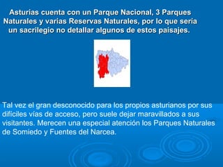 Asturias cuenta con un Parque Nacional, 3 Parques
Naturales y varias Reservas Naturales, por lo que sería
 un sacrilegio no detallar algunos de estos paisajes.




Tal vez el gran desconocido para los propios asturianos por sus
difíciles vías de acceso, pero suele dejar maravillados a sus
visitantes. Merecen una especial atención los Parques Naturales
de Somiedo y Fuentes del Narcea.
 