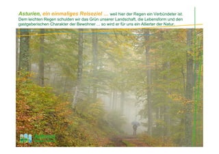 Asturien, ein einmaliges Reiseziel … weil hier der Regen ein Verbündeter ist.
Dem leichten Regen schulden wir das Grün unserer Landschaft, die Lebensform und den
gastgeberischen Charakter der Bewohner ... so wird er für uns ein Allierter der Natur.
 