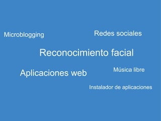 Reconocimiento facial Redes sociales Aplicaciones web Instalador de aplicaciones Microblogging Música libre 