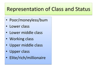 Representation of Class and Status Poor/moneyless/bum Lower class Lower middle class Working class Upper middle class Upper class Elite/rich/millionaire 