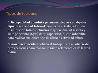 Los accidentes con ocasión del desempeño de cargos electivos en organizaciones sindicales, siempre que concurran los requisitos de concordancia cronológica y topográfica.Tipos de Accidente de TrabajoAccidentes materiales: Producen daños a la propiedad de la empresa (maquinarias, herramientas, equipos, instalaciones, materia prima, energía, etc.).Accidentes personales: Producen daños o lesiones a las personas. Dichas lesiones pueden ser leves, graves o fatales.