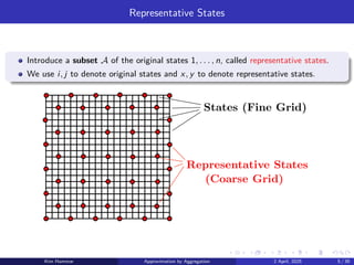 Representative States
Introduce a subset A of the original states 1, . . . , n, called representative states.
We use i, j to denote original states and x, y to denote representative states. mi
u∈U
π/4 Sample State xs
k Sample Contr
Representative States Critic A
Sample Q-Factor βs
k = gs
k + ˜
Jk+1(x
Policy Q-Factor Evaluation Ev
min
u∈U(i)
n
!
j=1
pij(u)
"
g(i, u, j) +
π/4 Sample State xs
k Sample Control us
k Sample Next Sta
Representative States (Coarse Grid) Critic Actor
Range of Weighted Projections States (Fine Grid)
Sample Q-Factor βs
k = gs
k + ˜
Jk+1(xs
k+1) ˜
Jk+1
π/4 Sample State xs
k Sample Control us
k Sample Next State xs
k+
Representative States (Coarse Grid) Critic Actor Appr
Range of Weighted Projections States (Fine Grid)
Sample Q-Factor βs
k = gs
k + ˜
Jk+1(xs
k+1) ˜
Jk+1
Policy Q-Factor Evaluation Evaluate Q-Factor Qµ of Curre
Random Transition xk+1 = fk(xk, uk, wk) Random Cost gk(xk,
Control v (j, v) Cost = 0 State-Control Pairs Transitions under
Kim Hammar Approximation by Aggregation 2 April, 2025 5 / 39
 