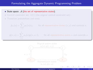 Formulating the Aggregate Dynamic Programming Problem
State space: A (the set of representative states).
Control constraint set: U(i) (the original control constraint set).
Transition probabilities and costs
p̂xy (u) =
n
X
i=1
pxi (u)ϕji , for all representative states (x, y) and controls u,
ĝ(x, u) =
n
X
i=1
pxi (u)g(x, u, i), for all representative states x and controls u.
i j
x y
Representative states
p̂xy (u), ĝ(x, u)
Original system states
pij (u), g(i, u, j)
x = i ϕjy
Kim Hammar Approximation by Aggregation 2 April, 2025 8 / 39
 