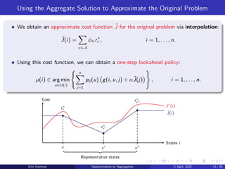 Using the Aggregate Solution to Approximate the Original Problem
We obtain an approximate cost function ˜
J for the original problem via interpolation:
˜
J(i) =
X
x∈A
ϕix r∗
x , i = 1, . . . , n.
Using this cost function, we can obtain a one-step lookahead policy:
µ(i) ∈ arg min
u∈U(i)
( n
X
j=1
pij (u) g(i, u, j) + α˜
J(j)

)
, i = 1, . . . , n.
x
r∗
x
x′
r∗
x′
x′′
r∗
x′′
J∗
(i)
˜
J(i)
States i
Cost
Representative states
Kim Hammar Approximation by Aggregation 2 April, 2025 11 / 39
 