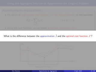 Using the Aggregate Solution to Approximate the Original Problem
Approximating the Original Problem
We obtain an approximate cost function ˜
J for the original problem via interpolation:
˜
J(j) =
X
y∈A
ϕjy r∗
y , j = 1, . . . , n.
Using this cost function, we can obtain a one-step lookahead policy:
µ(i) ∈ arg min
u∈U
( n
X
j=1
pij (u) g(i, u, j) + α˜
J(j)

)
, i = 1, . . . , n.
x
r∗
x
x′
r∗
x′
x′′
r∗
x′′
J∗
(i)
˜
J(i)
States i
Cost
Representative states
What is the difference between the approximation ˜
J and the optimal cost function J∗
?
Kim Hammar Approximation by Aggregation 2 April, 2025 11 / 39
 
