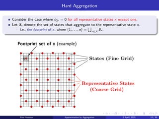 Hard Aggregation
Consider the case where ϕjy = 0 for all representative states x except one.
Let Sx denote the set of states that aggregate to the representative state x.
▶ i.e., the footprint of x, where {1, . . . , n} =
S
x∈A
Sx .
min
u∈U(i)
π/4 Sample State xs
k Sample Control
Representative States Critic Act
Sample Q-Factor βs
k = gs
k + ˜
Jk+1(xs
k+
Policy Q-Factor Evaluation Evalu
min
u∈U(i)
n
!
j=1
pij(u)

g(i, u, j) + α
π/4 Sample State xs
k Sample Control us
k Sample Next State
Representative States (Coarse Grid) Critic Actor A
Range of Weighted Projections States (Fine Grid)
min
u∈U(i)
!
j=1
pij(u)

g(i, u, j) + α ˜
J(j)
#
π/4 Sample State xs
k Sample Control us
k Sample Next State xs
k+1
Representative States (Coarse Grid) Critic Actor Approx
Range of Weighted Projections States (Fine Grid)
Sample Q-Factor βs
k = gs
k + ˜
Jk+1(xs
k+1) ˜
Jk+1
Policy Q-Factor Evaluation Evaluate Q-Factor Qµ of Current
Random Transition xk+1 = fk(xk, uk, wk) Random Cost gk(xk, uk
Footprint set of x (example)
x
Kim Hammar Approximation by Aggregation 2 April, 2025 12 / 39
 