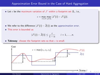 Approximation Error Bound in the Case of Hard Aggregation
Let ϵ be the maximum variation of J∗
within a footprint set Sx , i.e.,
ϵ = max
x∈A
max
i,j∈Sx
|J∗
(i) − J∗
(j)|.
We refer to the difference |J∗
(i) − ˜
J(i)| as the approximation error.
This error is bounded as
|J∗
(i) − ˜
J(i)| ≤
ϵ
1 − α
i = 1, . . . , n.
Takeway: choose the footprint sets so that ϵ is small.
J∗
(i)
˜
J(i)
States i
Cost
ϵ1
ϵ2
ϵ3
ϵ = max{ϵ1, ϵ2, ϵ3}
Kim Hammar Approximation by Aggregation 2 April, 2025 14 / 39
 