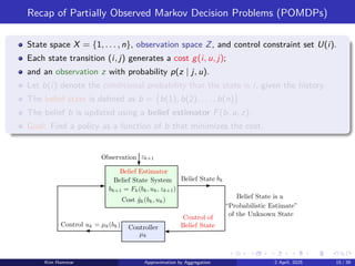 Recap of Partially Observed Markov Decision Problems (POMDPs)
State space X = {1, . . . , n}, observation space Z, and control constraint set U(i).
Each state transition (i, j) generates a cost g(i, u, j);
and an observation z with probability p(z | j, u).
Let b(i) denote the conditional probability that the state is i, given the history.
The belief state is defined as b = b(1), b(2), . . . , b(n)

.
The belief b is updated using a belief estimator F(b, u, z).
Goal: Find a policy as a function of b that minimizes the cost.
Initial State 15 1 5 18 4 19 9 21 25 8 12 13 c(0) c(k) c(k + 1) c(N 1) Parking Spaces
Stage 1 Stage 2 Stage 3 Stage N N 1 c(N) c(N 1) k k + 1
Heuristic Cost “Future” System xk+1 = fk(xk, uk, wk) xk Observations
Belief State pk Controller k
Initial State x0 s Terminal State t Length = 1
Initial State 15 1 5 18 4 19 9 21 25 8 12 13 c(0) c(k) c(k + 1) c(N 1) Parking Spaces
Stage 1 Stage 2 Stage 3 Stage N N 1 c(N) c(N 1) k k + 1
Heuristic Cost “Future” System xk+1 = fk(xk, uk, wk) xk Observations
Belief State pk Controller µk
Initial State 15 1 5 18 4 19 9 21 25 8 12 13 c(0) c(k) c(k + 1) c(N 1) Parking Sp
Stage 1 Stage 2 Stage 3 Stage N N 1 c(N) c(N 1) k k + 1
Heuristic Cost “Future” System xk+1 = fk(xk, uk, wk) xk Observations
Belief State k Controller µk
Initial State x0 s Terminal State t Length = 1
x0 a 0 1 2 t b C Destination
J(xk) ! 0 for all p-stable ⇡ from x0 with x0 2 X and ⇡ 2 Pp,x0 Wp+ = {J 2 J |
within Wp+
Initial State 15 1 5 18 4 19 9 21 25 8 12 13 c(0) c(k) c(k + 1) c(N 1) Parking Spaces
Stage 1 Stage 2 Stage 3 Stage N N 1 c(N) c(N 1) k k + 1
Heuristic Cost “Future” System xk+1 = fk(xk, uk, wk) xk Observations
Belief State pk Controller µk
Initial State x0 s Terminal State t Length = 1
x0 a 0 1 2 t b C Destination
Initial State 15 1 5 18 4 19 9 21 25 8 12 13 c(0) c(k) c(k + 1
Stage 1 Stage 2 Stage 3 Stage N N 1 c(N) c(N 1) k k
Heuristic Cost “Future” System xk+1 = fk(xk, uk, wk) x
Belief State k Controller µk
Initial State x0 s Terminal State t Length = 1
x0 a 0 1 2 t b C Destination
J(xk) ! 0 for all p-stable ⇡ from x0 with x0 2 X and ⇡ 2 P
within Wp+
p
bk Belief States bk+1 bk+2 Policy µ m Steps
Truncated Rollout Policy µ m Steps Φr∗
λ
B(b, u, z) h(u) Artificial Terminal to Terminal Cost gN (xN ) ik bk ik+1 bk+1 ik+2 uk uk+1 uk+2
Original System Observer Controller Belief Estimator zk+1 zk+2 with Cost gN (xN )
µ COMPOSITE SYSTEM SIMULATOR FOR POMDP
(a) (b) Category c̃(x, r̄) c∗(x) System PID Controller yk y ek = yk − y + − τ Object x h̃c(x, r̄)
uk = rpek + rizk + rddk ξij(u) pij(u)
Aggregate States j ∈ S f(u) u u1 = 0 u2 uq uq−1 . . . b = 0 ik b∗ b∗ = Optimized b Transition C
Policy Improvement by Rollout Policy Space Approximation of Rollout Policy at
One-step Lookahead with ˜
J(j) =
!
y∈A φjyry bk Control uk = µk(bk)
p(z; r) 0 z r r + $1 r + $2 r + $m r − $1 r − $2 r − $m · · · p1 p2 pm
.
.
. (e.g., a NN) Data (xs, cs)
V Corrected V Solution of the Aggregate Problem Transition Cost Transition Cost J∗
Start End Plus Terminal Cost Approximation S1 S2 S3 S Sm−1 Sm
licy µ m Steps
m Steps Φr∗
λ
minal to Terminal Cost gN (xN ) ik bk ik+1 bk+1 ik+2 uk uk+1 uk+2
ntroller Belief Estimator zk+1 zk+2 with Cost gN (xN )
MULATOR FOR POMDP
System PID Controller yk y ek = yk − y + − τ Object x h̃c(x, r̄) p(c | x)
uk = rpek + rizk + rddk ξij(u) pij(u)
u u1 = 0 u2 uq uq−1 . . . b = 0 ik b∗ b∗ = Optimized b Transition Cost
Rollout Policy Space Approximation of Rollout Policy at state i
j) =
!
y∈A φjyr∗
y b Control uk = µk(bk)
$m r − $1 r − $2 r − $m · · · p1 p2 pm
.
.
. (e.g., a NN) Data (xs, cs)
zk bk+1 = Fk(bk, uk, zk+1) ĝk(bk, uk)
SC ` Stages Riccati Equation Iterates P P0 P1 P2
2 1
2
P
P +1
Cost of Period k Stock Ordered at Period k Inventory System
r(uk) + cuk xk+1 = xk + u + k wk
Spider 1 Spider 2 Fly 1 Fly 2 n 1 n n + 1 n 2 0 1 2
zk+1 bk+1 = Fk(bk, uk, zk+1) ĝk(bk, uk)
SC ` Stages Riccati Equation Iterates P P0 P1 P2
2 1
2
P
P +1
Cost of Period k Stock Ordered at Period k Inventory System
r(uk) + cuk xk+1 = xk + u + k wk
Spider 1 Spider 2 Fly 1 Fly 2 n 1 n n + 1 n 2 0 1 2
Stock at Period k +1 Initial State A C AB AC CA CD ABC
ACB ACD CAB CAD CDA
zk+1 bk+1 = Fk(bk, uk, zk+1) Cost ĝk(bk, uk)
SC ` Stages Riccati Equation Iterates P P0 P1 P2
2 1
2
P
P +1
Cost of Period k Stock Ordered at Period k Inventory System
r(uk) + cuk xk+1 = xk + u + k wk
J1 J2 J∗ = T J∗ xk+1 = max(0, xk + uk − wk)
TETRIS An Infinite Horizon Stochastic Shortest Path Problem
x pxx(u) pxy(u) pyx(u) pyy(u) pxt(u) pyt(u) x y
αpxx(u) αpxy(u) αpyx(u) αpyy(u) 1 − α
Belief Estimator = minµ TµJ Cost 0 Cost g(x, u, y) System State Data Contr
tion
Optimal cost Cost of rollout policy µ̃ Cost of base policy µ
Cost E
!
g(x, u, y)

Cost E
!
g(i, u, j)

“On-Line Play”
Value Network Current Policy Network Approximate Policy
Consider an undiscounted infinite horizon deterministic problem, involving the Sy
The system can be kept at the origin at zero cost by some control i.e.,
xk+1 = f(xk, uk)
and the cost per stage
g(xk, uk) ≥ 0, for all (xk, uk)
f(0, uk) = 0, g(0, uk) = 0 for some control uk ∈ Uk(0)
(! − 1)-Stages Minimization Control of Belief State
x x̄ x̄ = f(x, u, w) g(x, u, w) u1 (x, u1) u2 (x, u1, u2)
Consider an undiscounted infinite horizon deterministic problem, involving the System: Cost:
The system can be kept at the origin at zero cost by some control i.e.,
xk+1 = f(xk, uk)
and the cost per stage
g(xk, uk) ≥ 0, for all (xk, uk)
f(0, uk) = 0, g(0, uk) = 0 for some control uk ∈ Uk(0)
(! − 1)-Stages Minimization Control of Belief State
x x̄ x̄ = f(x, u, w) g(x, u, w) u1 (x, u1) u2 (x, u1, u2)
F(K)x2 = min
u∈
!
= min
L∈
m
u
= min
L∈
!
or
F(K) = min
L∈
FL(K),
y0 y1 H(y) = G(y) − y G(y) Region of A
Belief State is a “Probabilistic Estimate”
Given quadratic cost approximation ˜
J(x
L̃ = arg min
L
FL
c(2) c(m−1) c(m) c(m+1) c(M) c(M −1) Lin
to construct the one-step lookahead policy µ̃(x
F(K)x2 = min
u∈
!
qx2 + ru2 + K(ax +
= min
L∈
min
u=Lx
!
qx2 + ru2 + K(
= min
L∈
!
q + rL2 + K(a + bL
or
F(K) = min
L∈
FL(K), with FL(K) = (a +
y0 y1 H(y) = G(y) y G(y) Region of Attraction of y∗
Belief State is a “Probabilistic Estimate” of the Unknown St
Given quadratic cost approximation ˜
J(x) = K̃x2, we find
L̃ = arg min
L
FL(K̃) H(y) = G(y) −
c(2) c(m−1) c(m) c(m+1) c(M) c(M −1) Linear Stable Policy Qu
F(K)x2 = min
u∈
!
qx2 + ru2 + K(ax + bu)2

= min
L∈
min
u=Lx
!
qx2 + ru2 + K(ax + bu)2

= min
L∈
!
q + rL2 + K(a + bL)2

x2
or
F(K) = min
L∈
FL(K), with FL(K) = (a + bL)2K + q + rL2
y0 y1 H(y) = G(y) − y G(y) Region of Attraction of y∗
Belief State is a “Probabilistic Estimate of the Unknown State
Given quadratic cost approximation ˜
J(x) = K̃x2, we find
L̃ = arg min
L
FL(K̃) H(y) = G(y) − y G(y)
ive Terminal Cost Approximation Observation
lving the Bellman Eq. Kx2 = F(K)x2 or K = F(K)
Jk+1(x) = Kk+1x2 = F(Kk)x2
mponent Control u = (u1, . . . , um) u1 um
an Equation on Space of Quadratic Functions J(x) = Kx2 KS
Kim Hammar Approximation by Aggregation 2 April, 2025 15 / 39
 