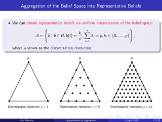 Aggregation of the Belief Space into Representative Beliefs
We can obtain representative beliefs via uniform discretization of the belief space:
A =
(
b | b ∈ B, b(i) =
ki
ρ
,
n
X
i=1
ki = ρ, ki ∈ {0, . . . , ρ}
)
,
where ρ serves as the discretization resolution.
Discretization resolution ρ = 1
B
Discretization resolution ρ = 5
B
Discretization resolution ρ = 10
B
Kim Hammar Approximation by Aggregation 2 April, 2025 17 / 39
 