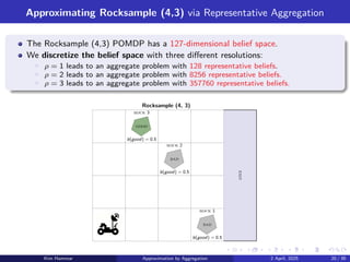 Approximating Rocksample (4,3) via Representative Aggregation
The Rocksample (4,3) POMDP has a 127-dimensional belief space.
We discretize the belief space with three different resolutions:
▶ ρ = 1 leads to an aggregate problem with 128 representative beliefs.
▶ ρ = 2 leads to an aggregate problem with 8256 representative beliefs.
▶ ρ = 3 leads to an aggregate problem with 357760 representative beliefs.
good
bad
bad
Rocksample (4, 3)
b(good) = 0.5
b(good) = 0.5
b(good) = 0.5
exit
rock 1
rock 3
rock 2
Kim Hammar Approximation by Aggregation 2 April, 2025 20 / 39
 