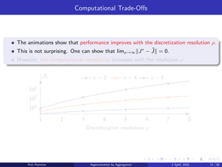 Computational Trade-Offs
The animations show that performance improves with the discretization resolution ρ.
This is not surprising. One can show that limρ→∞∥J∗
− ˜
J∥ = 0.
However, the computational complexity increases with the resolution ρ.
1 2 3 4 5 6 7 8
101
102
103
n = 2 n = 4 n = 8
|A|
Discretization resolution ρ
Kim Hammar Approximation by Aggregation 2 April, 2025 21 / 39
 