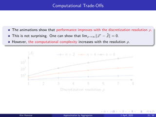 Computational Trade-Offs
The animations show that performance improves with the discretization resolution ρ.
This is not surprising. One can show that limρ→∞∥J∗
− ˜
J∥ = 0.
However, the computational complexity increases with the resolution ρ.
1 2 3 4 5 6 7 8
101
102
103
n = 2 n = 4 n = 8
|A|
Discretization resolution ρ
Kim Hammar Approximation by Aggregation 2 April, 2025 21 / 39
 