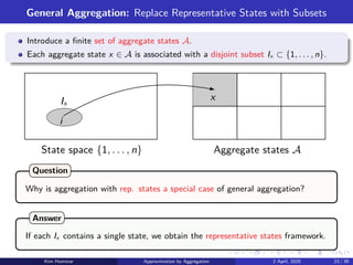 General Aggregation: Replace Representative States with Subsets
Introduce a finite set of aggregate states A.
Each aggregate state x ∈ A is associated with a disjoint subset Ix ⊂ {1, . . . , n}.
Aggregate states A
State space {1, . . . , n}
x
i
Ix
Why is aggregation with rep. states a special case of general aggregation?
Question
If each Ix contains a single state, we obtain the representative states framework.
Answer
Kim Hammar Approximation by Aggregation 2 April, 2025 23 / 39
 