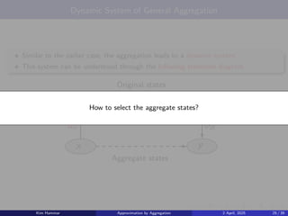Dynamic System of General Aggregation
Similar to the earlier case, the aggregation leads to a dynamic system.
This system can be understood through the following transition diagram.
i j
x y
Aggregate states
Original states
pij (u), g(i, u, j)
dxi ϕjy
How to select the aggregate states?
Kim Hammar Approximation by Aggregation 2 April, 2025 25 / 39
 