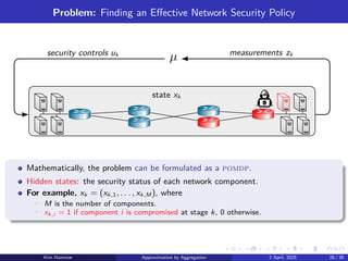 Problem: Finding an Effective Network Security Policy
measurements zk
security controls uk
µ
state xk
Mathematically, the problem can be formulated as a pomdp.
Hidden states: the security status of each network component.
For example, xk = (xk,1, . . . , xk,M ), where
▶ M is the number of components.
▶ xk,i = 1 if component i is compromised at stage k, 0 otherwise.
Kim Hammar Approximation by Aggregation 2 April, 2025 28 / 39
 