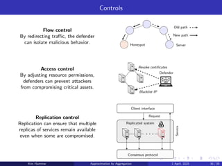Controls
Old path
New path
Honeypot Server
Defender
Revoke certificates
Blacklist IP
. . .
Replicated system
Client interface
Request
Service
Consensus protocol
Flow control
By redirecting traffic, the defender
can isolate malicious behavior.
Access control
By adjusting resource permissions,
defenders can prevent attackers
from compromising critical assets.
Replication control
Replication can ensure that multiple
replicas of services remain available
even when some are compromised.
Kim Hammar Approximation by Aggregation 2 April, 2025 30 / 39
 