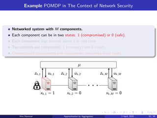 Example POMDP in The Context of Network Security
Networked system with M components.
Each component can be in two states: 1 (compromised) or 0 (safe).
Each component logs security alerts z in real-time.
Two controls per component: 1 (recovery) and 0 (wait).
Compromised components and unnecessary recoveries incur costs.
. . .
zk,1 zk,2 zk,M
uk,1 uk,2 uk,M
µ
xk,1 = 1 xk,2 = 0 xk,M = 0
Kim Hammar Approximation by Aggregation 2 April, 2025 32 / 39
 