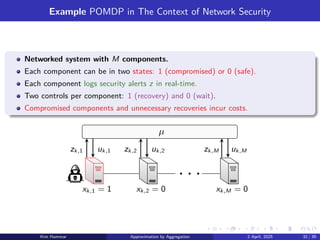 Example POMDP in The Context of Network Security
Networked system with M components.
Each component can be in two states: 1 (compromised) or 0 (safe).
Each component logs security alerts z in real-time.
Two controls per component: 1 (recovery) and 0 (wait).
Compromised components and unnecessary recoveries incur costs.
. . .
zk,1 zk,2 zk,M
uk,1 uk,2 uk,M
µ
xk,1 = 1 xk,2 = 0 xk,M = 0
Kim Hammar Approximation by Aggregation 2 April, 2025 32 / 39
 
