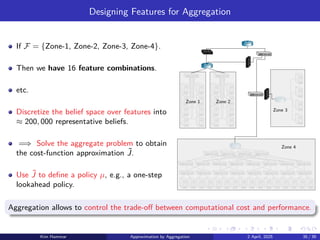 Designing Features for Aggregation
If F = {Zone-1, Zone-2, Zone-3, Zone-4}.
Then we have 16 feature combinations.
etc.
Discretize the belief space over features into
≈ 200, 000 representative beliefs.
=⇒ Solve the aggregate problem to obtain
the cost-function approximation ˜
J.
Use ˜
J to define a policy µ, e.g., a one-step
lookahead policy.
Zone 1 Zone 2
Zone 3
Zone 4
Aggregation allows to control the trade-off between computational cost and performance.
Kim Hammar Approximation by Aggregation 2 April, 2025 35 / 39
 