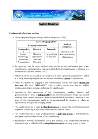 English Division I


Fundamentals of teaching speaking

    Nature of spoken language ability (Saville & Hargreaves, 1999)

                                Spoken language ability
                                                                   Strategic
                      Language competence
                                                                  competence
         Grammatica         Discourse         Pragmatic
               l                                                Interaction skills
            Syntax          Rhetorical      e.g. sensitivity   Non-verbal features
          Morphology       organization      to illocution        of interaction
          Vocabulary        Coherence
         Pronunciation      Cohesion

    In a speaking class, the teacher needs to make sure that an individual student wants to say
     something, has a communicative purpose, wants to listen to something, and is interested in a
     communicative purpose (Harmer, 1983).

    Whatever activity the students are involved in, if it is to be genuinely communicative and if
     it is really promoting language use, the students should have a desire to communicate.

    While the students are engaged in the communicative activity, the teacher should not
     intervene. The term “INTERVENE” refers to telling students that they are making
     mistakes, insisting on accuracy, and asking for repetition, etc.

    Attention to three components of oral communication (speaking, listening, and
     pronunciation) is viewed as indispensable to any coherent curriculum design, i.e., focused
     attention upon a single component of oral communication is insufficient. Attention to one
     area of oral communication ought to be complemented by attention to others as
     systematically as is possible (Murphy, 1991).

    The teacher should try to create a relaxed atmosphere in class so that most learners are not
     frightened of speaking in front of the rest of the class (Davies, 2000).

    The teacher should do as many speaking activities in pairs and groups, so that the learners
     can speak English without the rest of the class listening.

    Speaking will probably develop more slowly than listening, so the teacher can help learners
     understand what is said in English by simplifying the speech and using gesture or mime.
 
