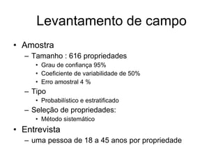 Levantamento de campo Amostra Tamanho : 616 propriedades Grau de confiança 95%  Coeficiente de variabilidade de 50% Erro amostral 4 % Tipo  Probabilístico e estratificado Seleção de propriedades: Método sistemático Entrevista uma pessoa de 18 a 45 anos por propriedade 