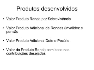 Produtos desenvolvidos Valor Produto Renda por Sobrevivência Valor Produto Adicional de Rendas (invalidez e pensão Valor Produto Adicional Dote e Pecúlio  Valor do Produto Renda com base nas contribuições desejadas 