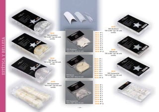 ESTÉTICA Y BELLEZA

56191
TIPS Ultrablanco
“VIP  CHIC” Caja 500 unid.
surtidas

TIPS Ultrablanco
“VIP  CHIC” Bolsa 50 unid.

56192
TIPS Natural
“VIP  CHIC” Caja 500 unid.
surtidas

TIPS Natural
“VIP  CHIC” Bolsa 50 unid.
56193
TIPS Transparentes
“VIP  CHIC” Caja 500 unid.
surtidas

TIPS Transparentes
“VIP  CHIC” Bolsa 50 unid.
~ 110 ~

56131	 Nº 1
56132	 Nº 2
56133	 Nº 3
56134	 Nº 4
56135	 Nº 5
56136	 Nº 6
56137	 Nº 7
56138	 Nº 8
56139	 Nº 9
56140	 Nº 10

56141	 Nº 1
56142	 Nº 2
56143	 Nº 3
56144	 Nº 4
56145	 Nº 5
56146	 Nº 6
56147	 Nº 7
56148	 Nº 8
56149	 Nº 9
56150	 Nº 10

56151	 Nº 1
56152	 Nº 2
56153	 Nº 3
56154	 Nº 4
56155	 Nº 5
56156	 Nº 6
56157	 Nº 7
56158	 Nº 8
56159	 Nº 9
56160	 Nº 10

56181
TIPS Ultrablanco
“VIP  CHIC” Caja 100 unid.
surtidas

56182
TIPS Natural
“VIP  CHIC” Caja 100 unid.
surtidas

56183
TIPS Transparentes
“VIP  CHIC” Caja 100 unid.
surtidas

 