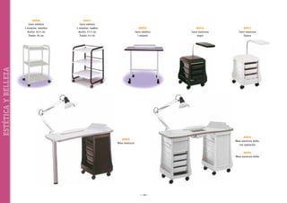 89957
Carro estética
3 estantes, madera
Ancho: 57,5 cm
Fondo: 43 cm

89959
Carro estética
1 estante

ESTÉTICA Y BELLEZA

89958
Carro estética
3 estantes, metálico
Ancho: 45,5 cm
Fondo: 30 cm

89916
Carro manicura
negro

89917
Carro manicura
blanco

89954
Mesa manicura doble,
con aspiración

89956
Mesa manicura

89955
Mesa manicura doble

~ 130 ~

 