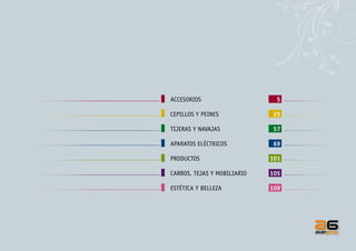 ACCESORIOS	

5

CEPILLOS Y PEINES	

25

TIJERAS Y NAVAJAS	

57

APARATOS ELÉCTRICOS	

69

PRODUCTOS	

101

CARROS, TEJAS Y MOBILIARIO	

105

ESTÉTICA Y BELLEZA	

109

 