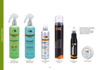 PRODUCTOS

Producto específico para el cabello tratado
con aparatos que generan calor, tales como
planchas, tenacillas, secadores...
Contiene extractos de semillas de lino y
produce un inmediato efecto antiestático,
evitando el encrespamiento del cabello
y dejándolo dócil y brillante.

50100
Desinfectante para
manos y pies. 500 ml

50102
Desinfectante para
utensilios. 500 ml

30600
Aceite quita tinte
200 ml

~ 102 ~

30660
Secante de uñas
en spray

30672
Protector térmico
ASUER

30665
Cera de contraste

 