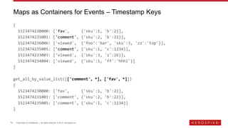14 Proprietary & Confidential | All rights reserved. © 2018 Aerospike Inc.
{
1523474230000: ['fav', {'sku':1, 'b':2}],
1523474231001: ['comment', {'sku':2, 'b':22}],
1523474236006: ['viewed', {'foo':'bar', 'sku':3, 'zz':'top'}],
1523474235005: ['comment', {'sku':1, 'c':1234}],
1523474233003: ['viewed', {'sku':3, 'z':26}],
1523474234004: ['viewed', {'sku':1, 'ff':'hhhl'}]
}
get_all_by_value_list([['comment', *], ['fav', *]])
{
1523474230000: ['fav', {'sku':1, 'b':2}],
1523474231001: ['comment', {'sku':2, 'b':22}],
1523474235005: ['comment', {'sku':1, 'c':1234}]
}
Maps as Containers for Events – Timestamp Keys
 